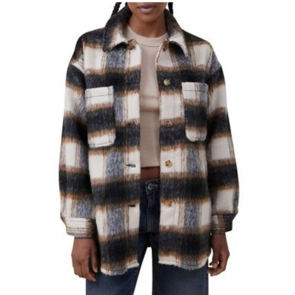 Cotton On Boxy Fluffy Shacket Neutral Plaid Size S - Picture 1 of 5